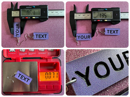 Custom Text Earrings: Laser Engraved Words, Lavender with Black Text, Letters, Names, Teacher Gift, Anniversary, Best Gifts for Her/Him/Them