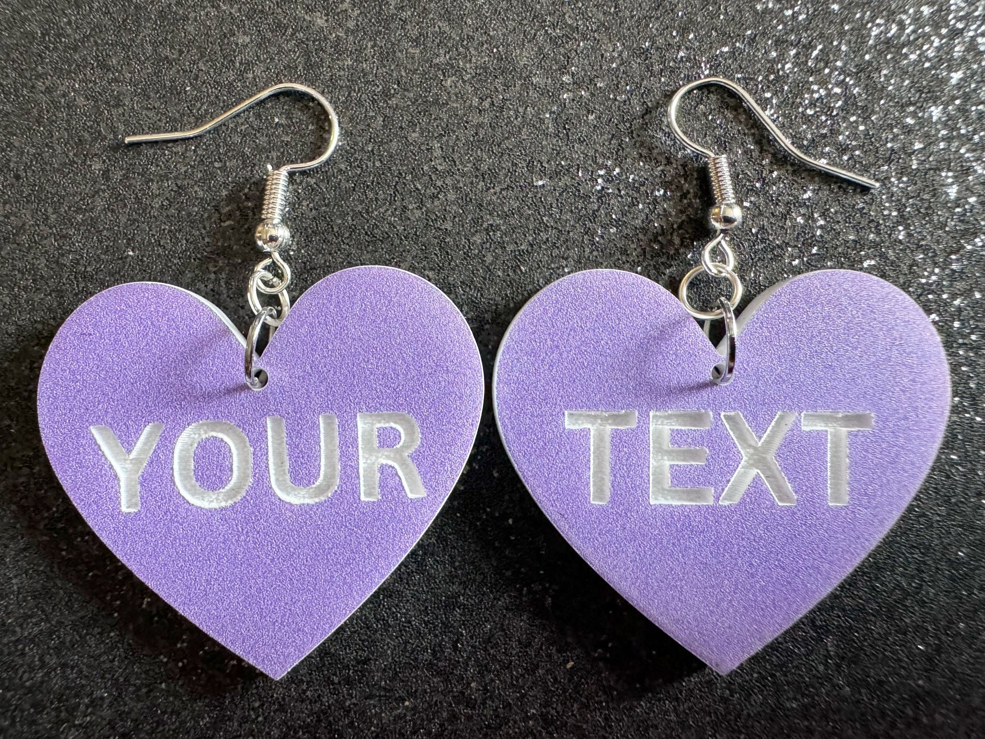 Custom Text Earrings: Laser Engraved Words, Lavender with White Text, Letters, Names, Teacher Gift, Anniversary, Best Gifts for Her/Him/Them