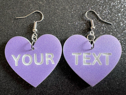 Custom Text Earrings: Laser Engraved Words, Lavender with White Text, Letters, Names, Teacher Gift, Anniversary, Best Gifts for Her/Him/Them