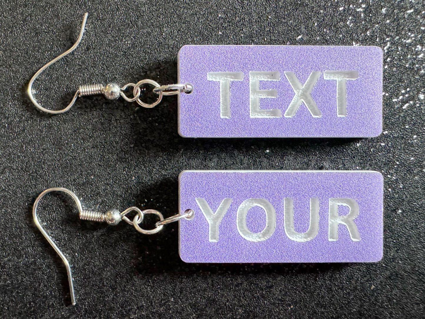 Custom Text Earrings: Laser Engraved Words, Lavender with White Text, Letters, Names, Teacher Gift, Anniversary, Best Gifts for Her/Him/Them