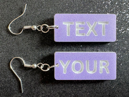 Custom Text Earrings: Laser Engraved Words, Lavender with White Text, Letters, Names, Teacher Gift, Anniversary, Best Gifts for Her/Him/Them