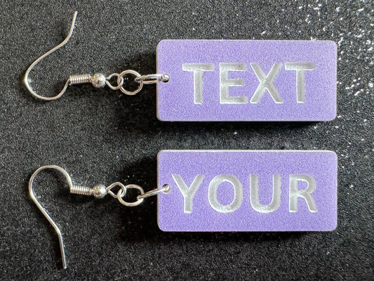 Custom Text Earrings: Laser Engraved Words, Lavender with White Text, Letters, Names, Teacher Gift, Anniversary, Best Gifts for Her/Him/Them