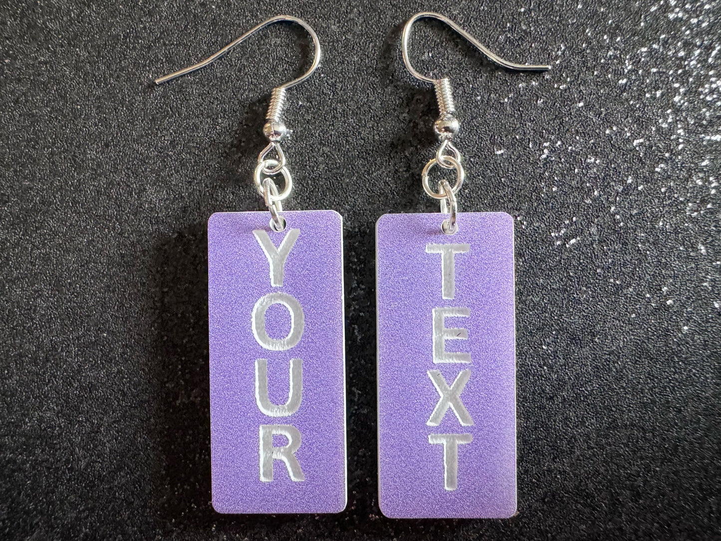 Custom Text Earrings: Laser Engraved Words, Lavender with White Text, Letters, Names, Teacher Gift, Anniversary, Best Gifts for Her/Him/Them