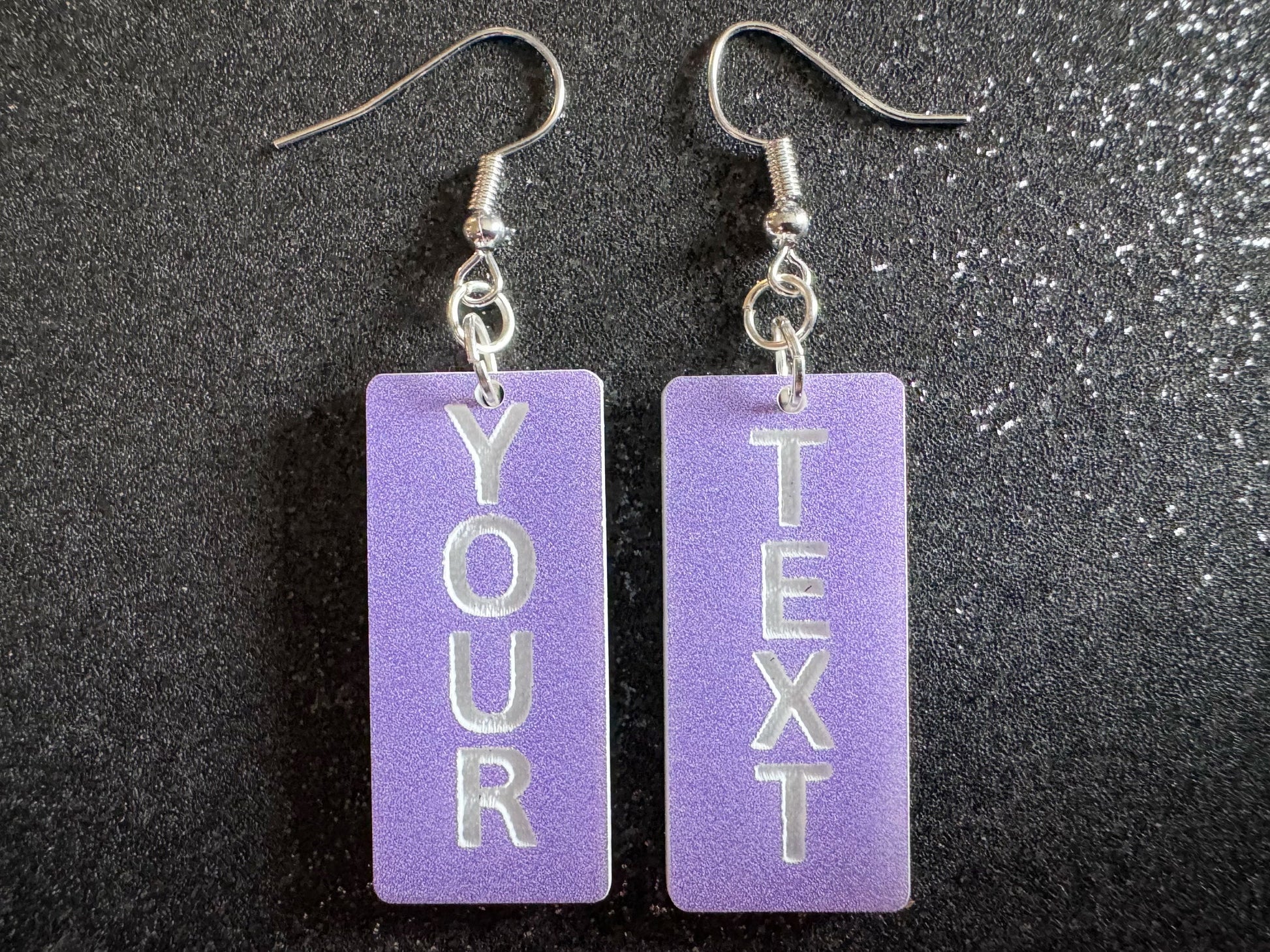 Custom Text Earrings: Laser Engraved Words, Lavender with White Text, Letters, Names, Teacher Gift, Anniversary, Best Gifts for Her/Him/Them