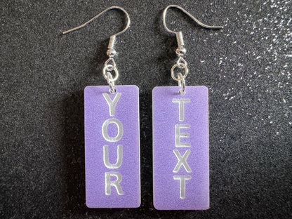 Custom Text Earrings: Laser Engraved Words, Lavender with White Text, Letters, Names, Teacher Gift, Anniversary, Best Gifts for Her/Him/Them