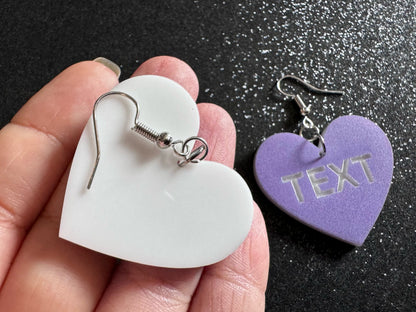Custom Text Earrings: Laser Engraved Words, Lavender with White Text, Letters, Names, Teacher Gift, Anniversary, Best Gifts for Her/Him/Them