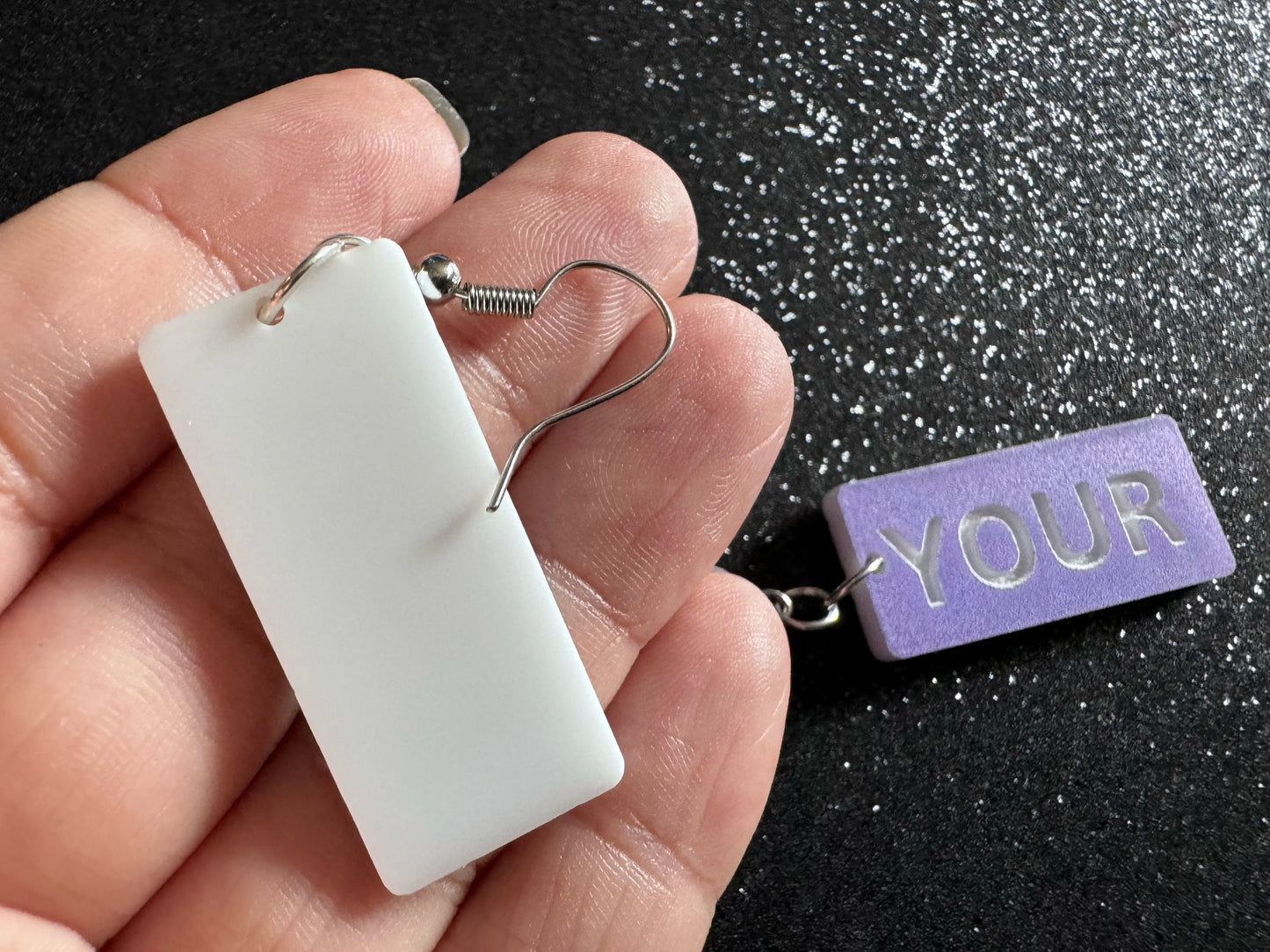 Custom Text Earrings: Laser Engraved Words, Lavender with White Text, Letters, Names, Teacher Gift, Anniversary, Best Gifts for Her/Him/Them