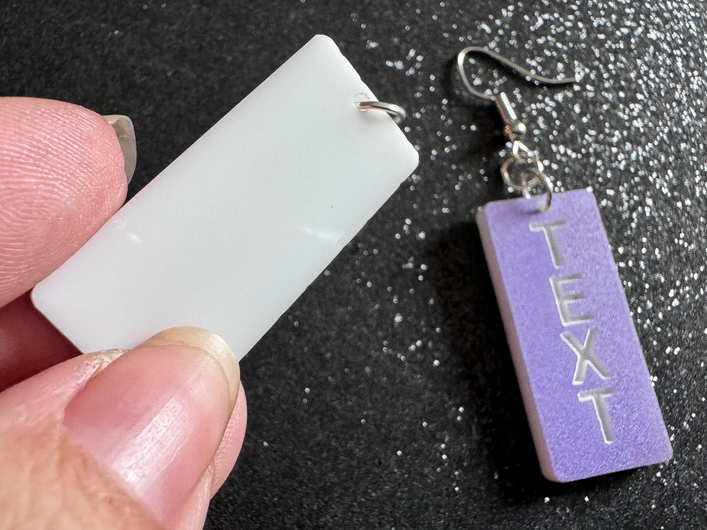 Custom Text Earrings: Laser Engraved Words, Lavender with White Text, Letters, Names, Teacher Gift, Anniversary, Best Gifts for Her/Him/Them