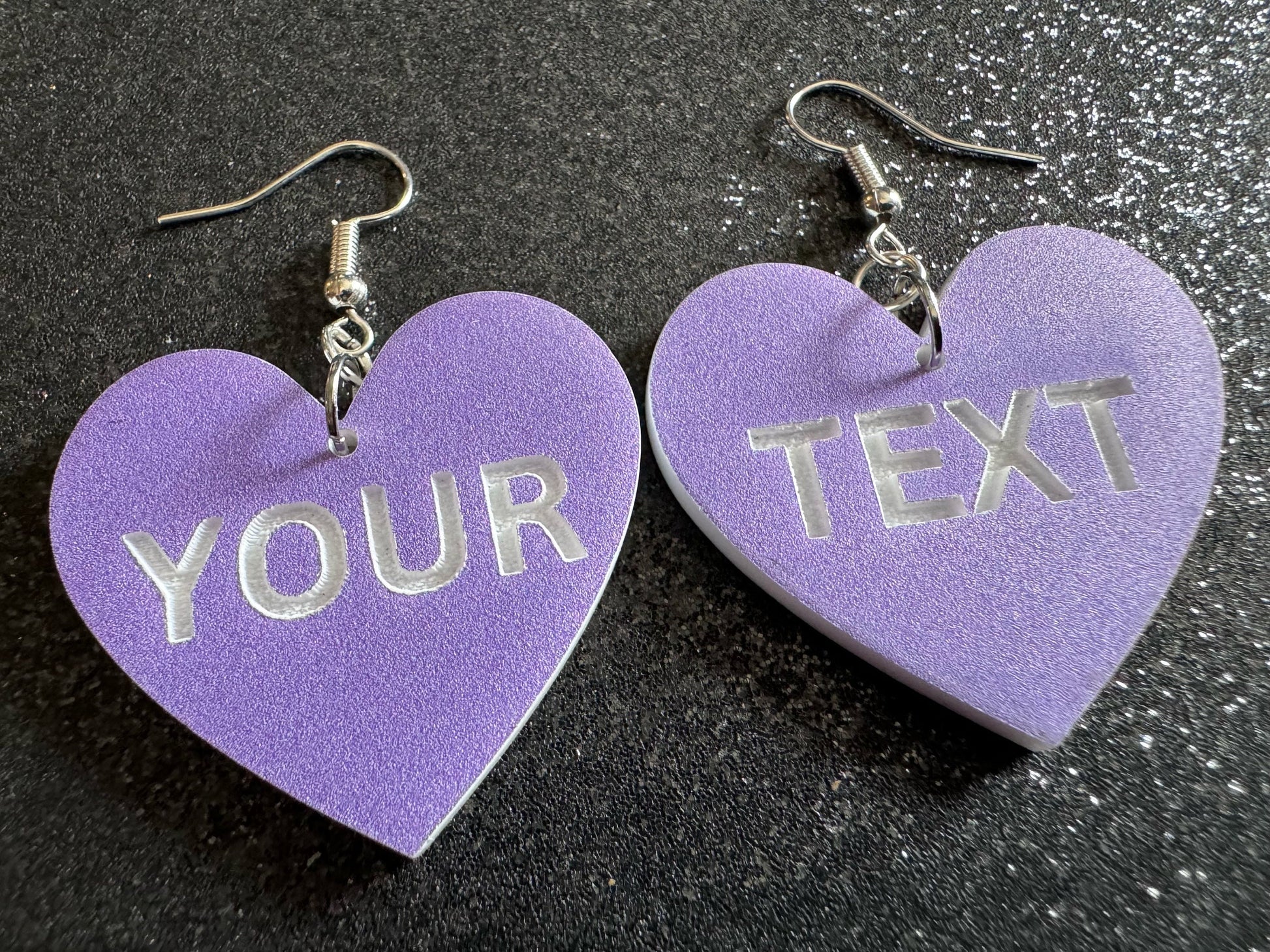 Custom Text Earrings: Laser Engraved Words, Lavender with White Text, Letters, Names, Teacher Gift, Anniversary, Best Gifts for Her/Him/Them
