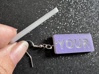 Custom Text Earrings: Laser Engraved Words, Lavender with White Text, Letters, Names, Teacher Gift, Anniversary, Best Gifts for Her/Him/Them