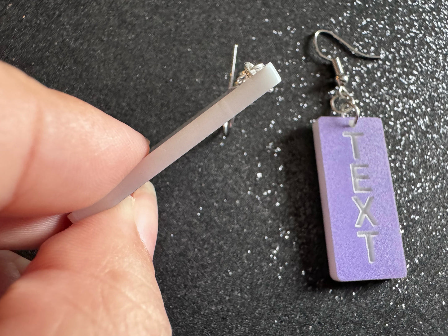 Custom Text Earrings: Laser Engraved Words, Lavender with White Text, Letters, Names, Teacher Gift, Anniversary, Best Gifts for Her/Him/Them
