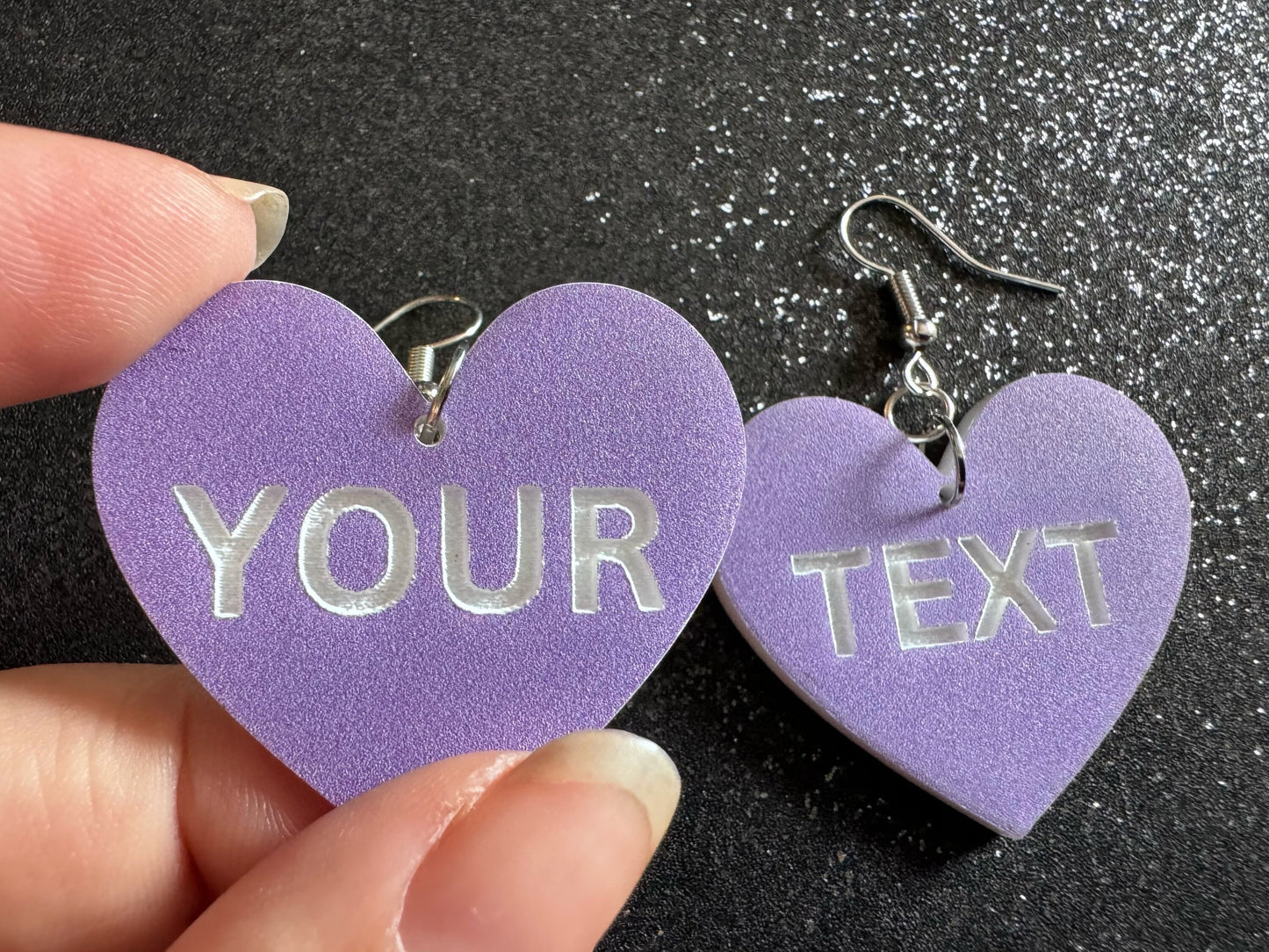 Custom Text Earrings: Laser Engraved Words, Lavender with White Text, Letters, Names, Teacher Gift, Anniversary, Best Gifts for Her/Him/Them