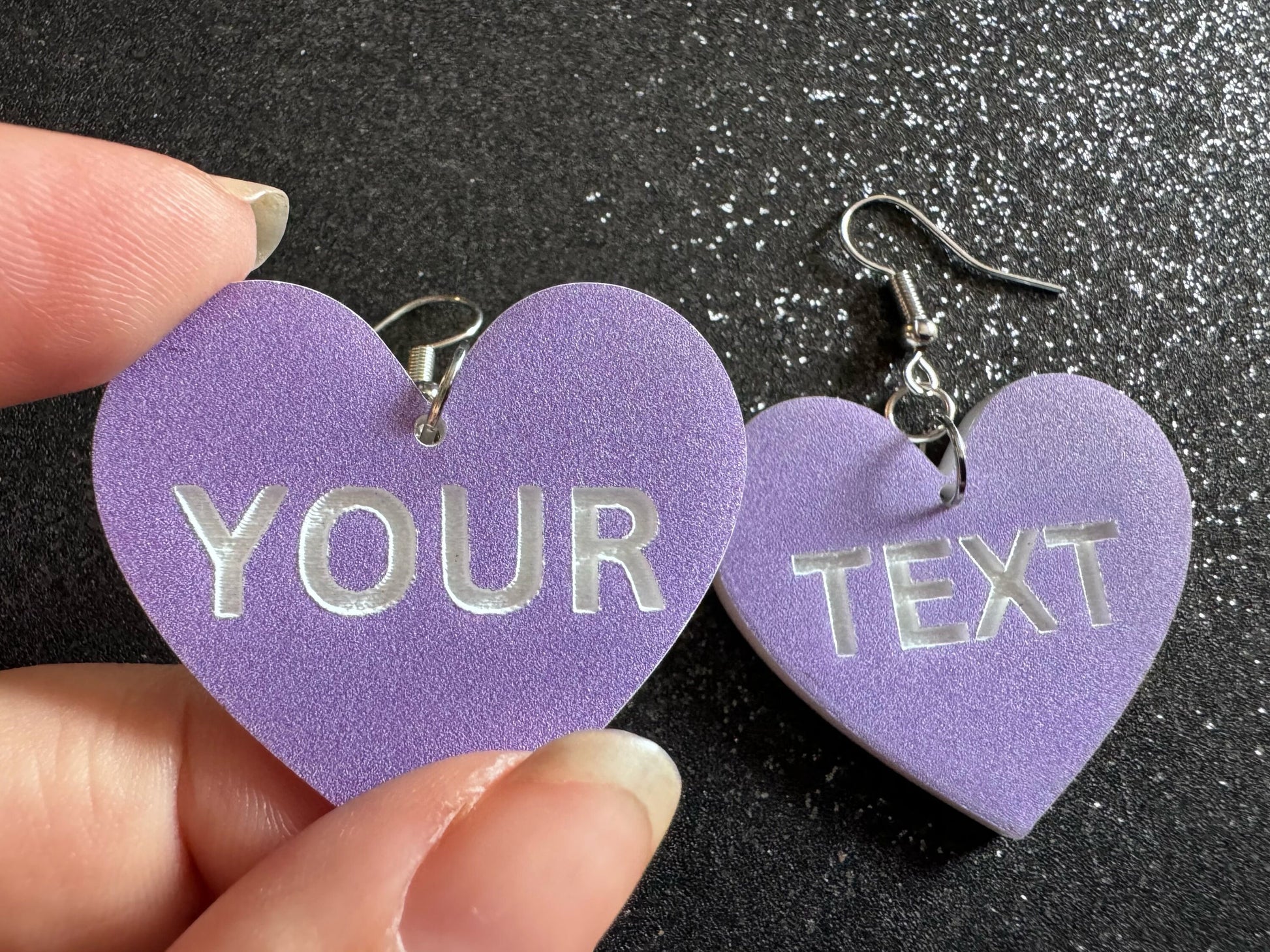 Custom Text Earrings: Laser Engraved Words, Lavender with White Text, Letters, Names, Teacher Gift, Anniversary, Best Gifts for Her/Him/Them