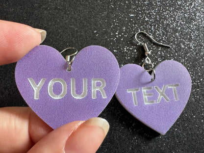 Custom Text Earrings: Laser Engraved Words, Lavender with White Text, Letters, Names, Teacher Gift, Anniversary, Best Gifts for Her/Him/Them
