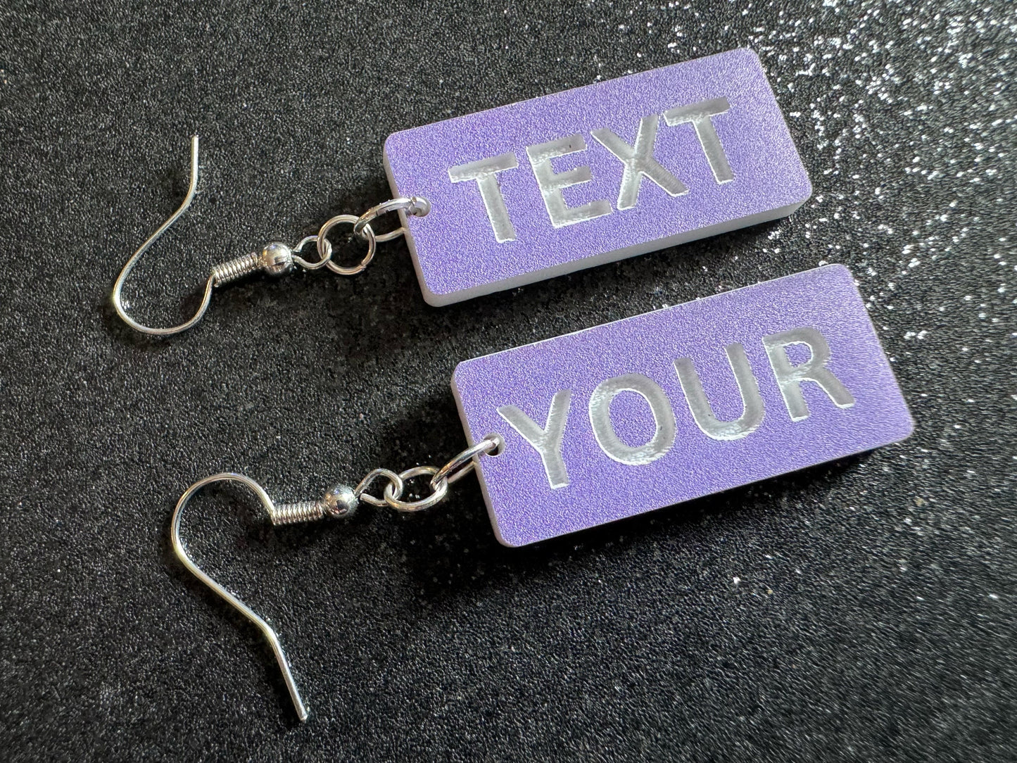 Custom Text Earrings: Laser Engraved Words, Lavender with White Text, Letters, Names, Teacher Gift, Anniversary, Best Gifts for Her/Him/Them