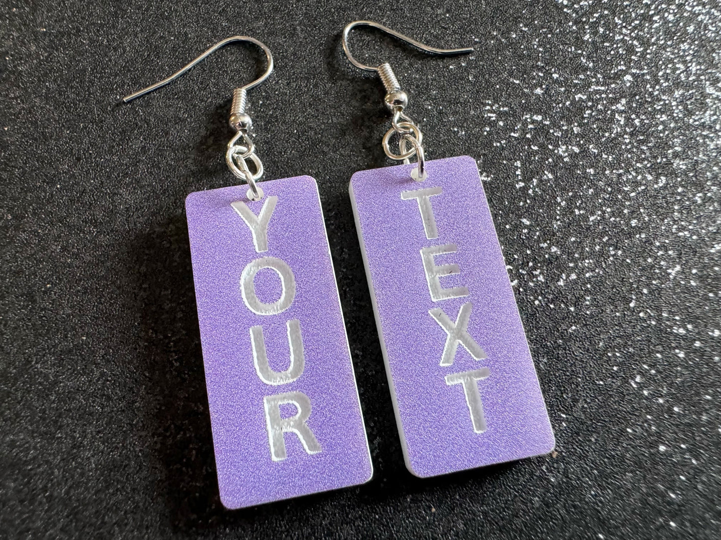 Custom Text Earrings: Laser Engraved Words, Lavender with White Text, Letters, Names, Teacher Gift, Anniversary, Best Gifts for Her/Him/Them