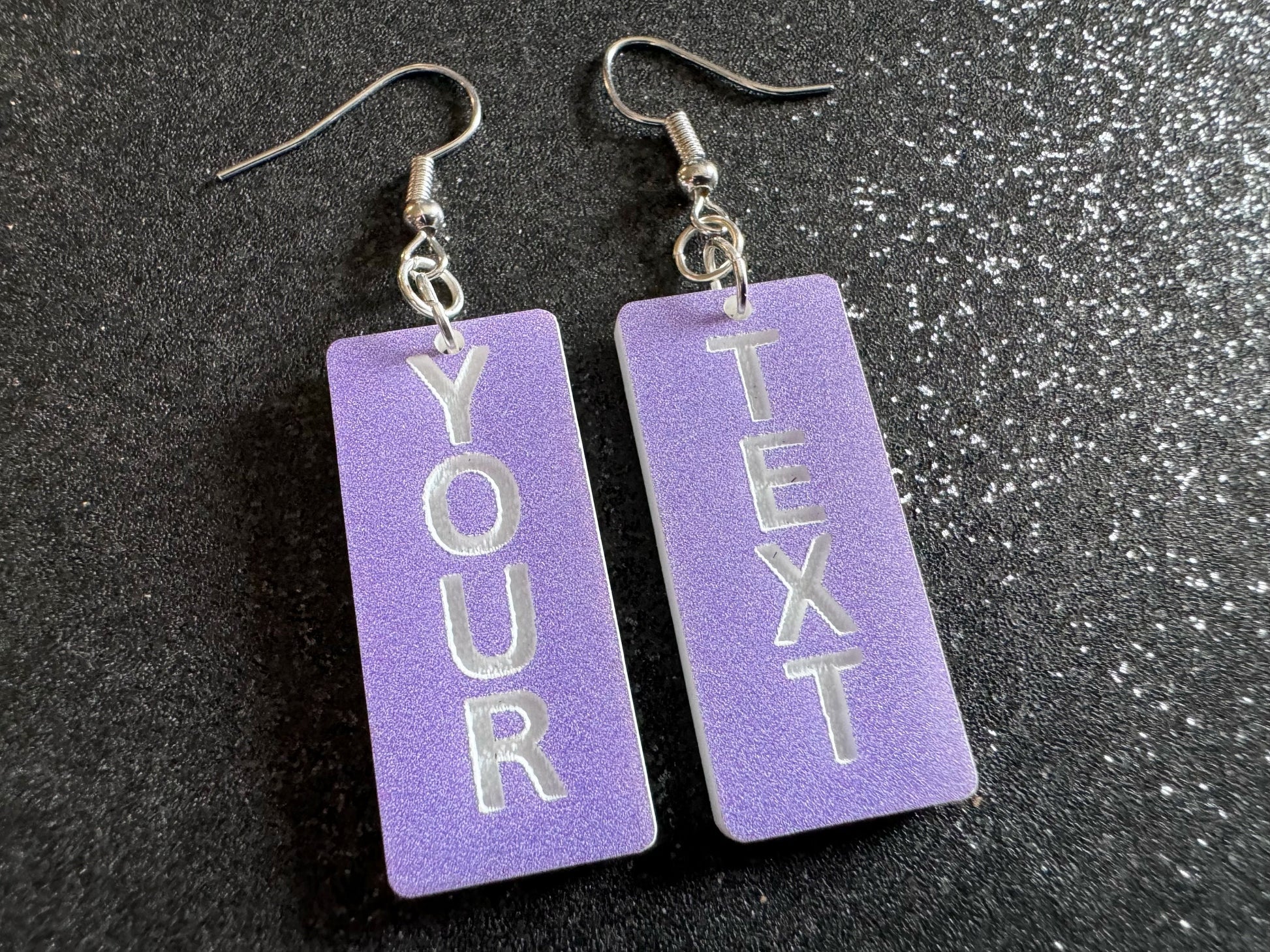 Custom Text Earrings: Laser Engraved Words, Lavender with White Text, Letters, Names, Teacher Gift, Anniversary, Best Gifts for Her/Him/Them