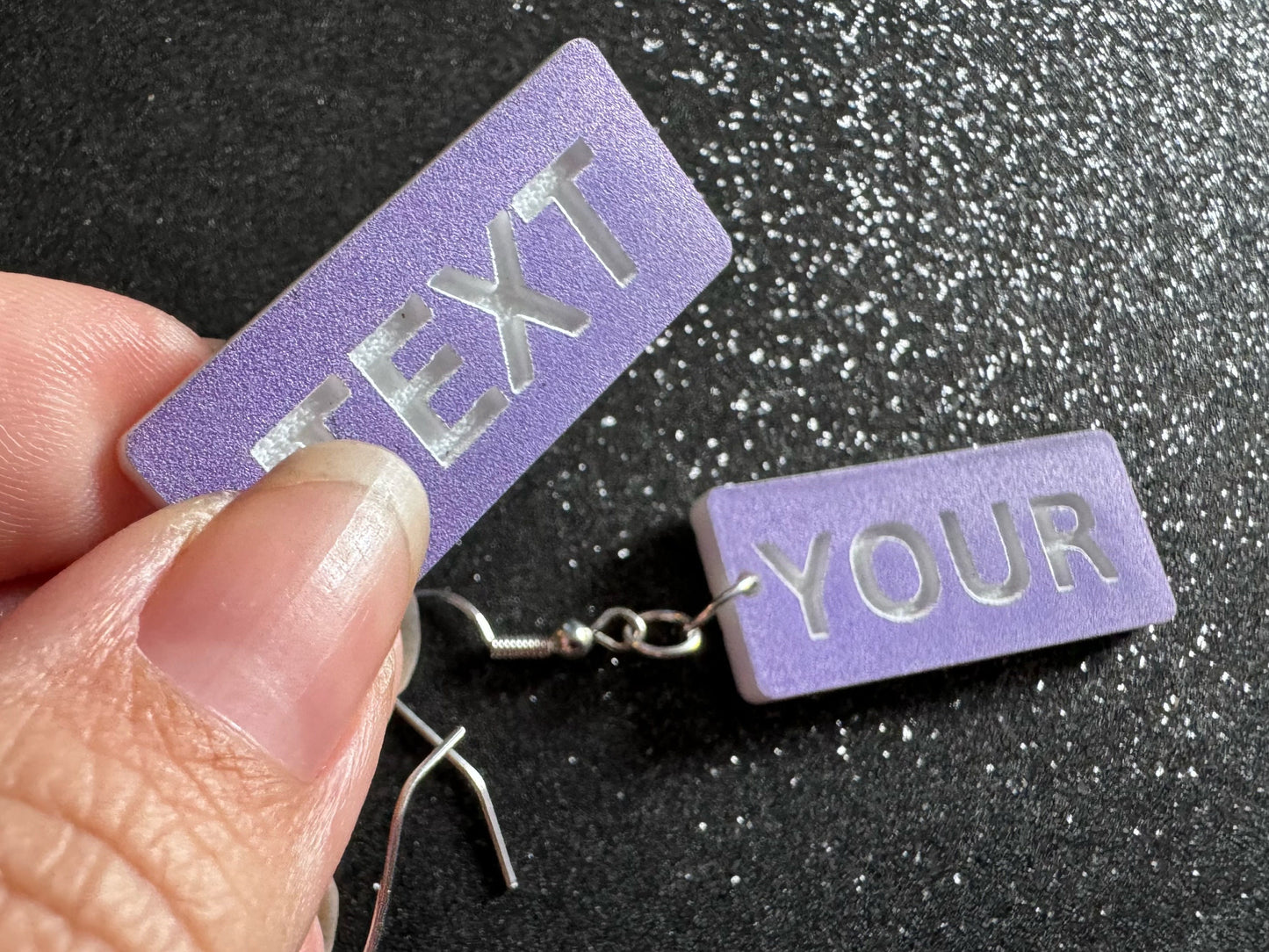 Custom Text Earrings: Laser Engraved Words, Lavender with White Text, Letters, Names, Teacher Gift, Anniversary, Best Gifts for Her/Him/Them