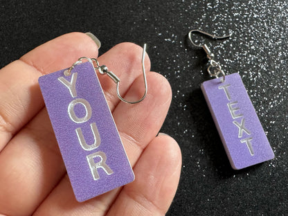 Custom Text Earrings: Laser Engraved Words, Lavender with White Text, Letters, Names, Teacher Gift, Anniversary, Best Gifts for Her/Him/Them