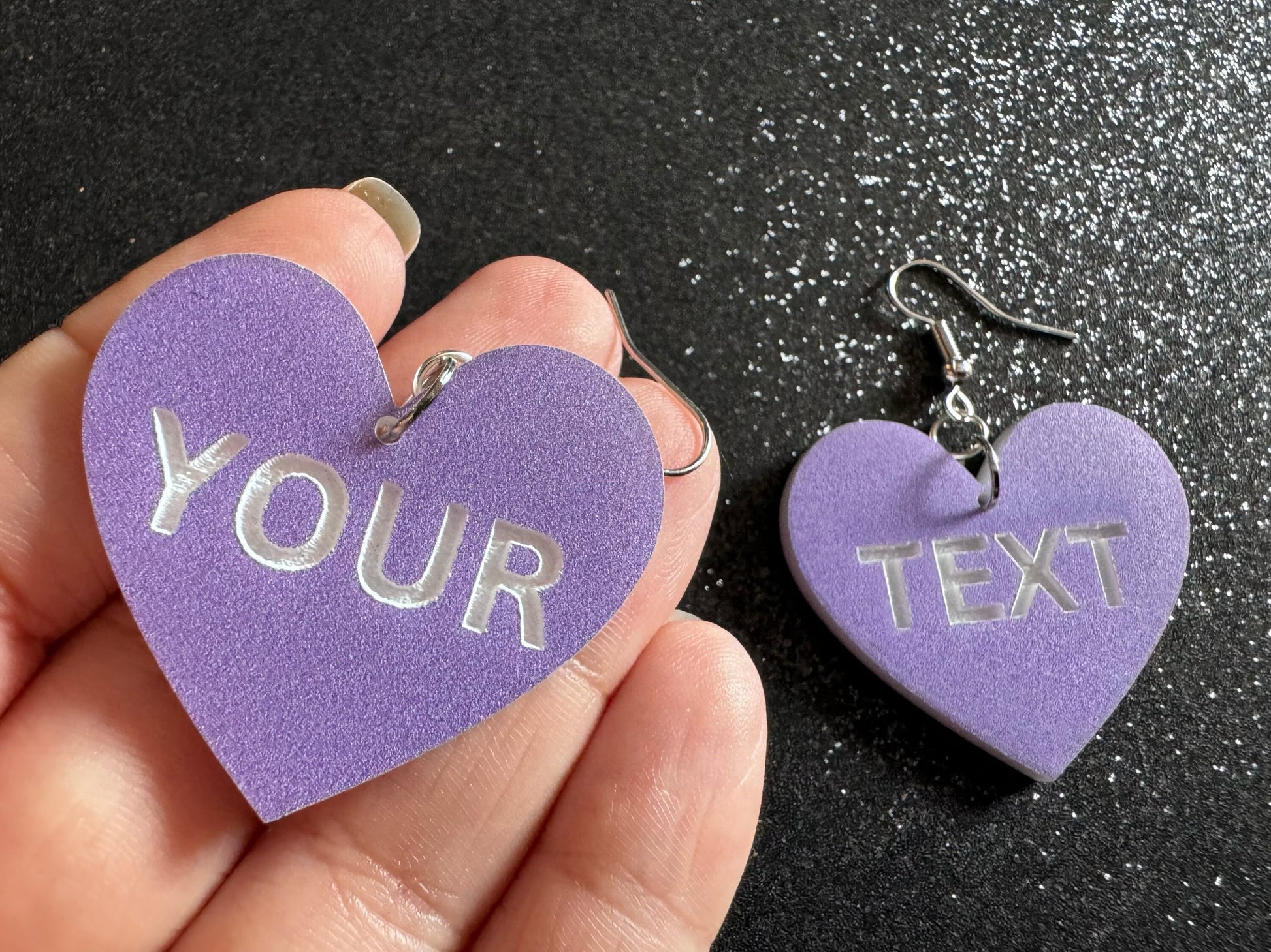 Custom Text Earrings: Laser Engraved Words, Lavender with White Text, Letters, Names, Teacher Gift, Anniversary, Best Gifts for Her/Him/Them