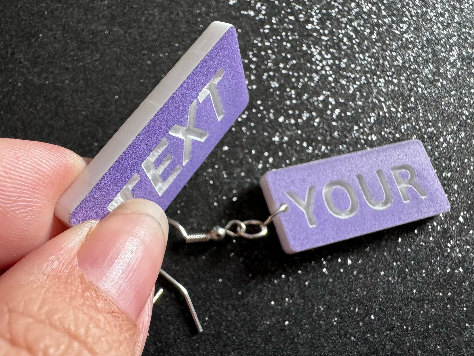 Custom Text Earrings: Laser Engraved Words, Lavender with White Text, Letters, Names, Teacher Gift, Anniversary, Best Gifts for Her/Him/Them