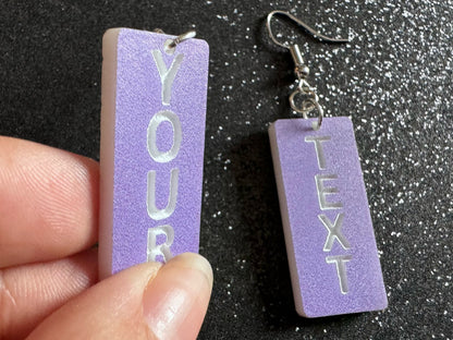 Custom Text Earrings: Laser Engraved Words, Lavender with White Text, Letters, Names, Teacher Gift, Anniversary, Best Gifts for Her/Him/Them