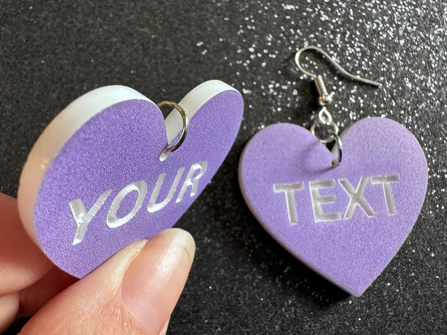 Custom Text Earrings: Laser Engraved Words, Lavender with White Text, Letters, Names, Teacher Gift, Anniversary, Best Gifts for Her/Him/Them