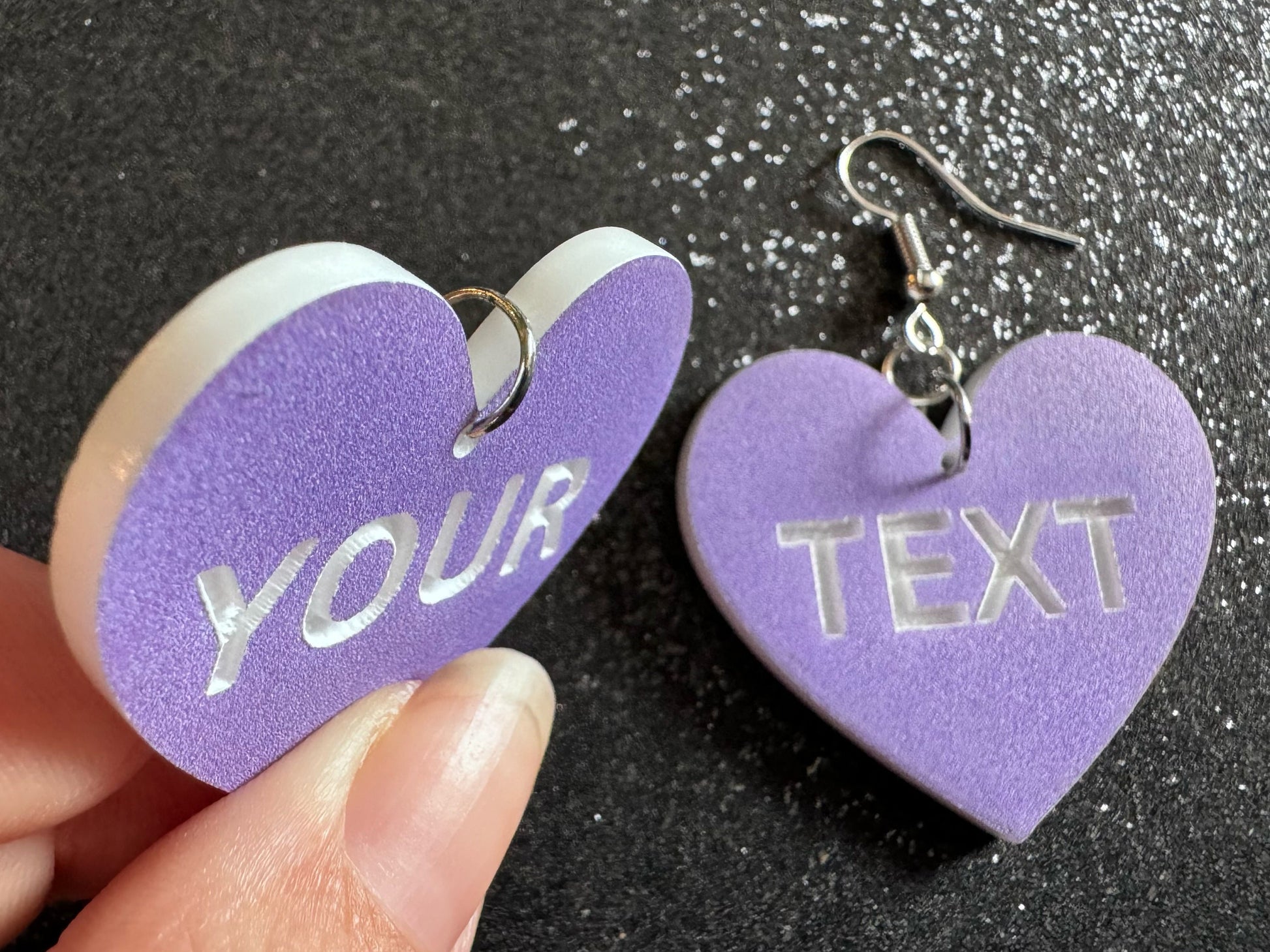 Custom Text Earrings: Laser Engraved Words, Lavender with White Text, Letters, Names, Teacher Gift, Anniversary, Best Gifts for Her/Him/Them
