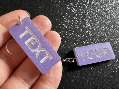 Custom Text Earrings: Laser Engraved Words, Lavender with White Text, Letters, Names, Teacher Gift, Anniversary, Best Gifts for Her/Him/Them