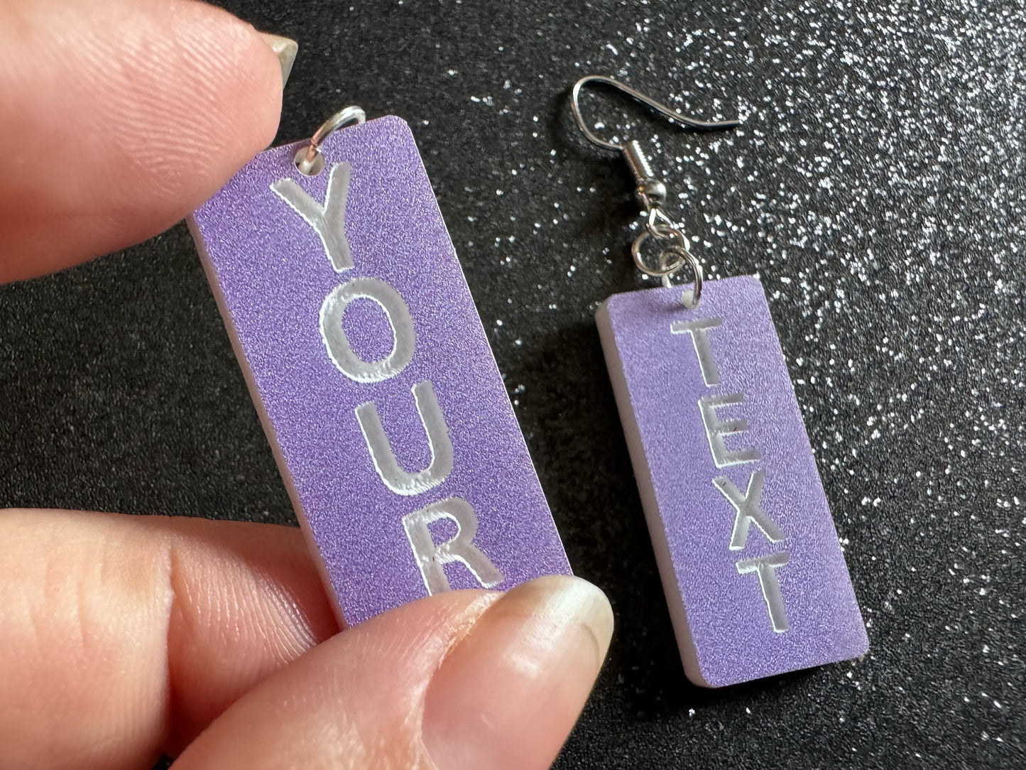 Custom Text Earrings: Laser Engraved Words, Lavender with White Text, Letters, Names, Teacher Gift, Anniversary, Best Gifts for Her/Him/Them