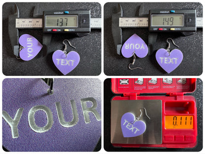 Custom Text Earrings: Laser Engraved Words, Lavender with White Text, Letters, Names, Teacher Gift, Anniversary, Best Gifts for Her/Him/Them
