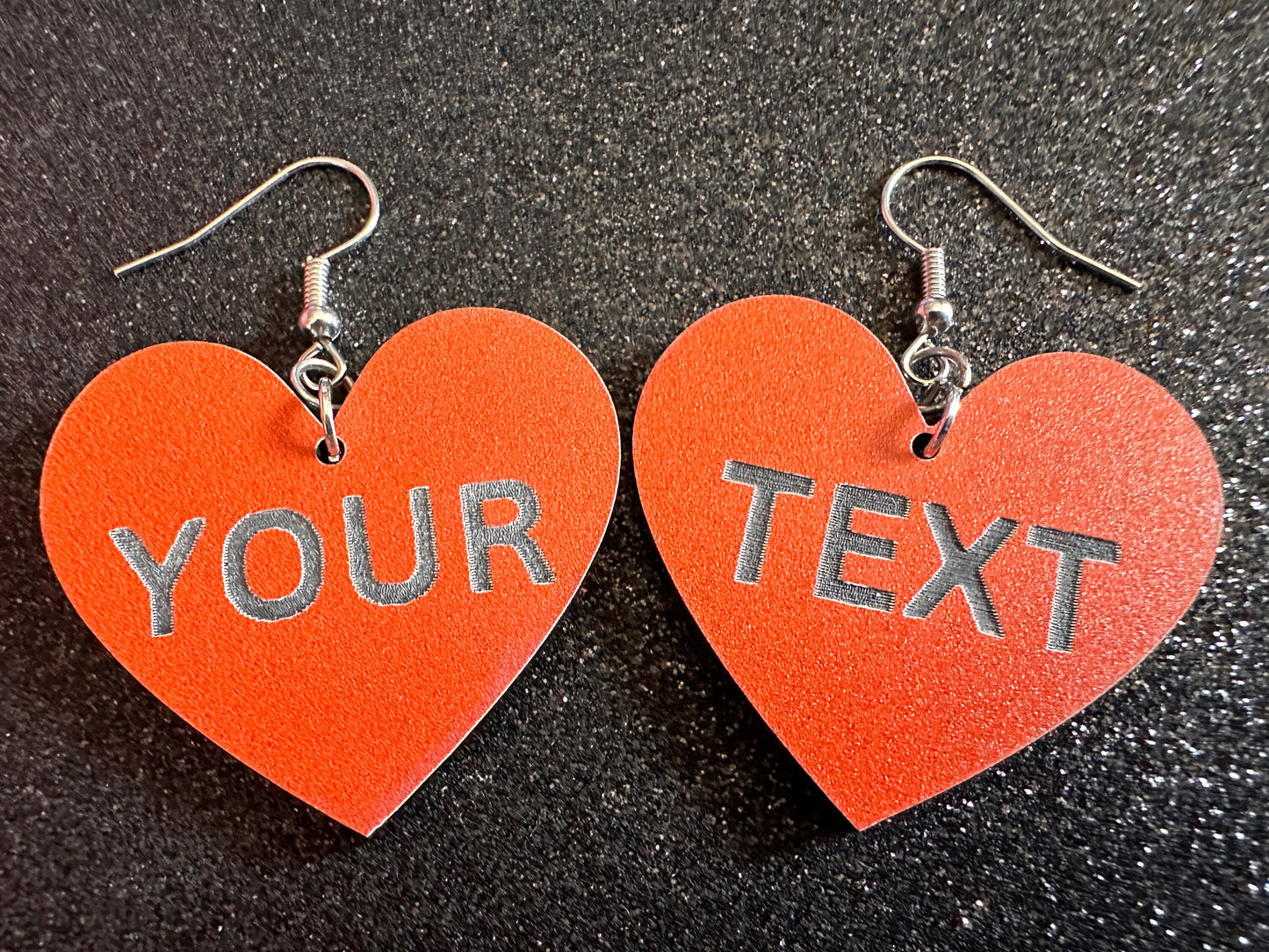 Custom Text Earrings: Laser Engraved Words, Orange with Black Text, Letters, Names, Teacher Gift, Anniversary, Best Gifts for Her/Him/Them