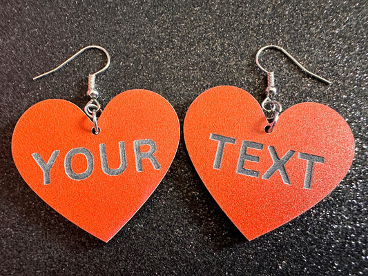 Custom Text Earrings: Laser Engraved Words, Orange with Black Text, Letters, Names, Teacher Gift, Anniversary, Best Gifts for Her/Him/Them