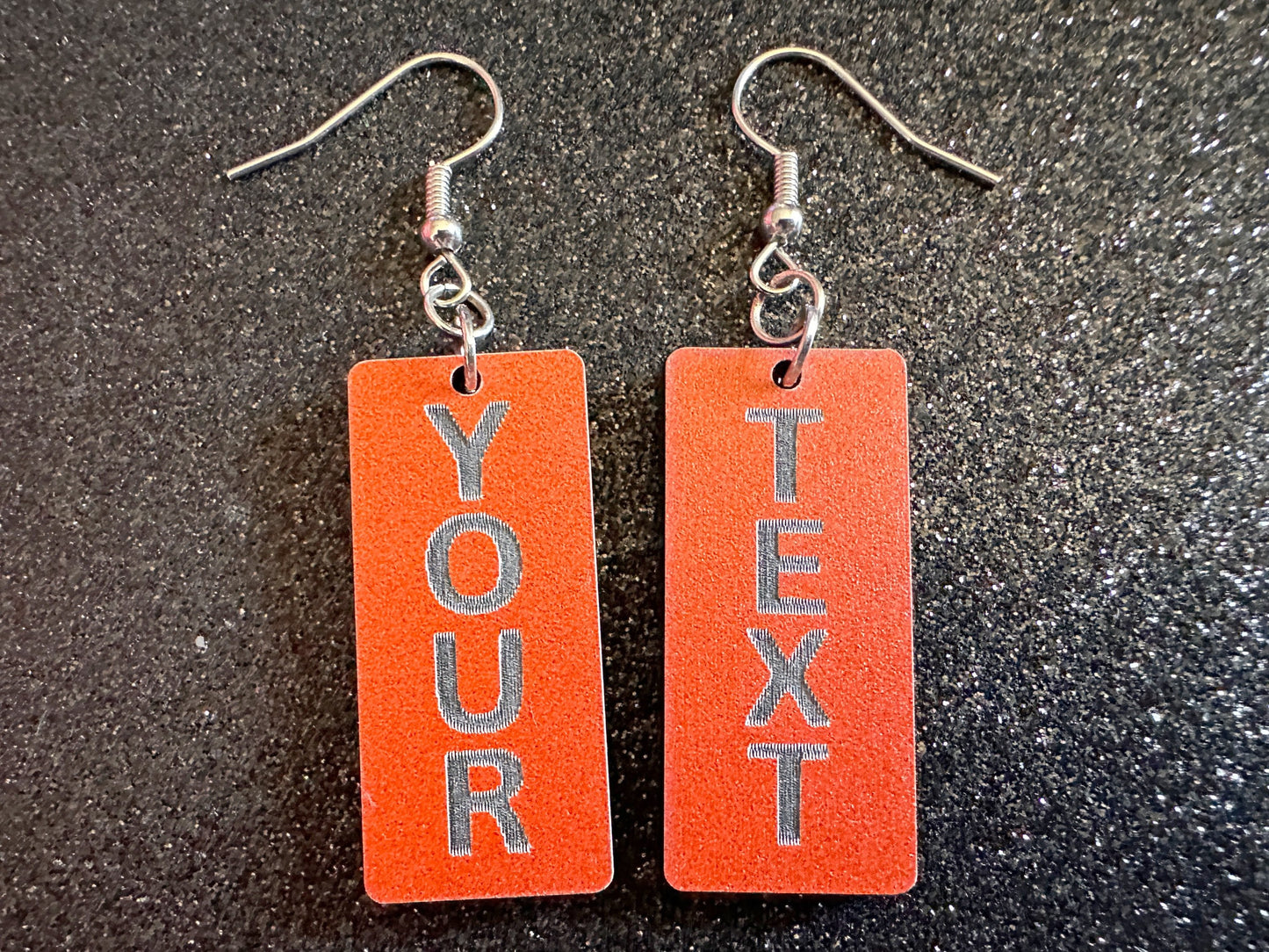 Custom Text Earrings: Laser Engraved Words, Orange with Black Text, Letters, Names, Teacher Gift, Anniversary, Best Gifts for Her/Him/Them