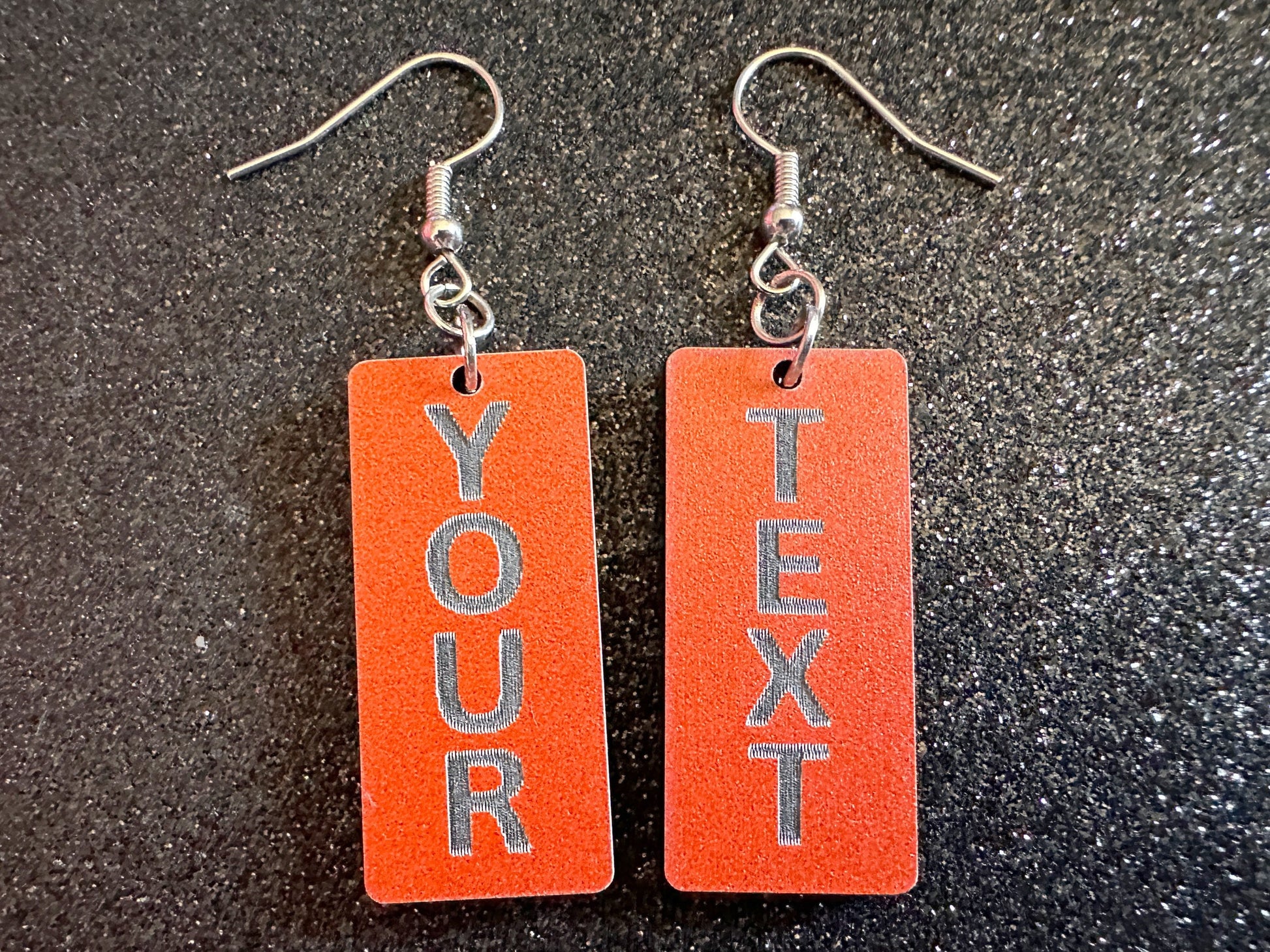 Custom Text Earrings: Laser Engraved Words, Orange with Black Text, Letters, Names, Teacher Gift, Anniversary, Best Gifts for Her/Him/Them