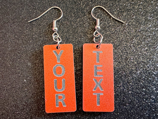 Custom Text Earrings: Laser Engraved Words, Orange with Black Text, Letters, Names, Teacher Gift, Anniversary, Best Gifts for Her/Him/Them