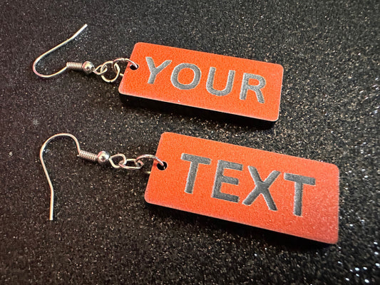 Custom Text Earrings: Laser Engraved Words, Orange with Black Text, Letters, Names, Teacher Gift, Anniversary, Best Gifts for Her/Him/Them