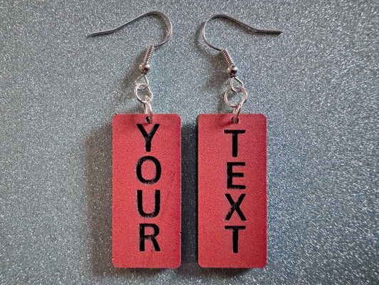 Custom Text Earrings: Laser Engraved Words, Orange with Black Text, Letters, Names, Teacher Gift, Anniversary, Best Gifts for Her/Him/Them