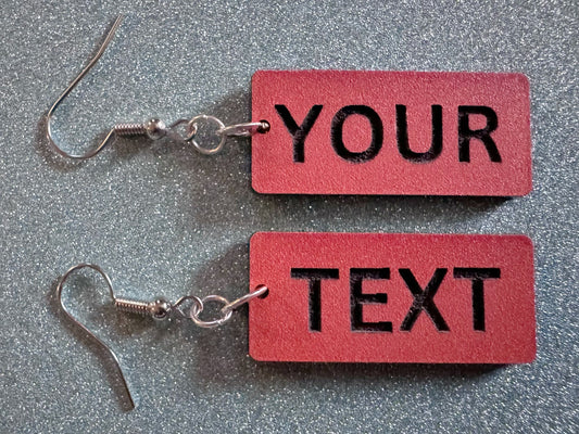 Custom Text Earrings: Laser Engraved Words, Orange with Black Text, Letters, Names, Teacher Gift, Anniversary, Best Gifts for Her/Him/Them