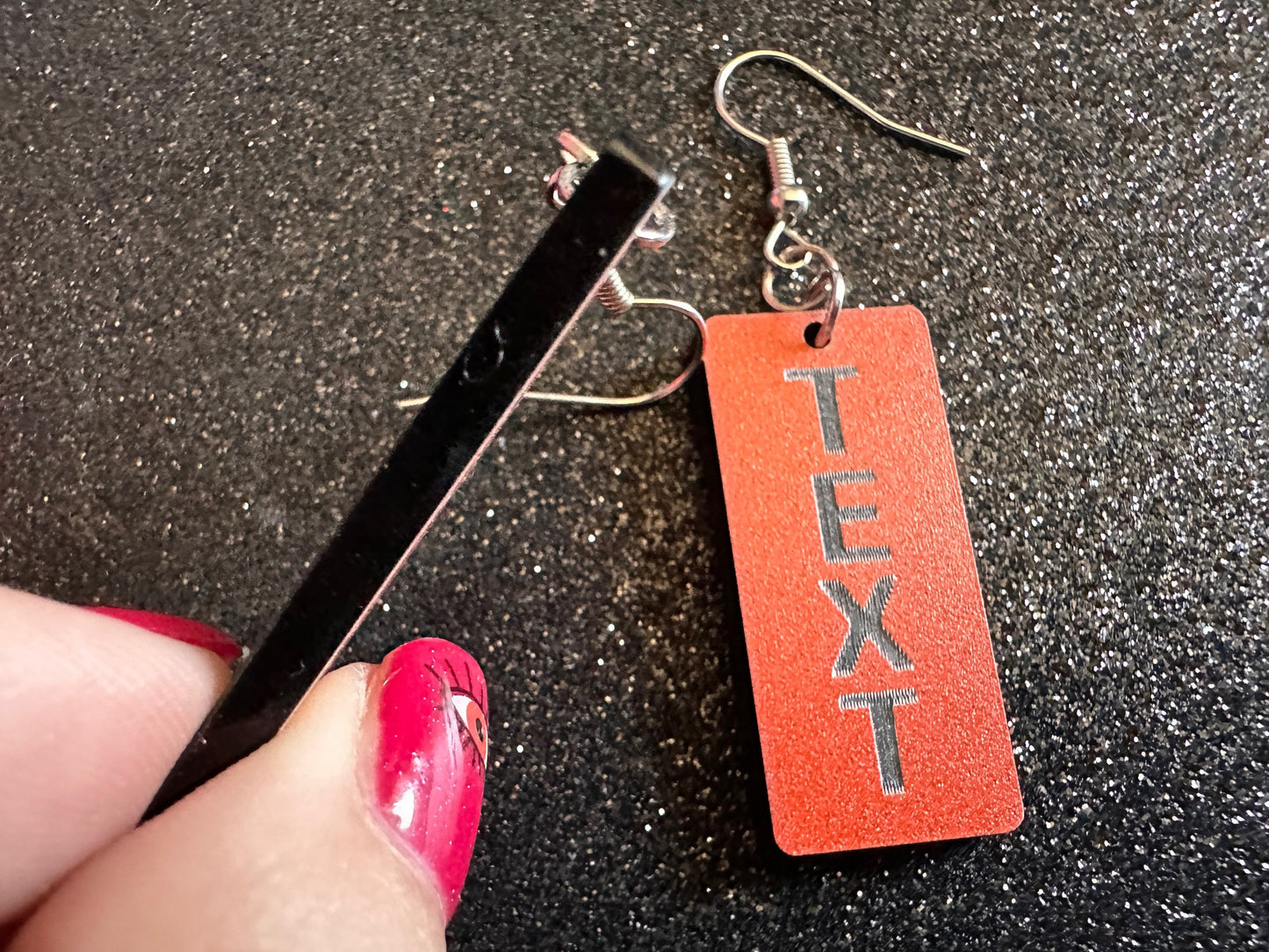 Custom Text Earrings: Laser Engraved Words, Orange with Black Text, Letters, Names, Teacher Gift, Anniversary, Best Gifts for Her/Him/Them