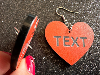 Custom Text Earrings: Laser Engraved Words, Orange with Black Text, Letters, Names, Teacher Gift, Anniversary, Best Gifts for Her/Him/Them