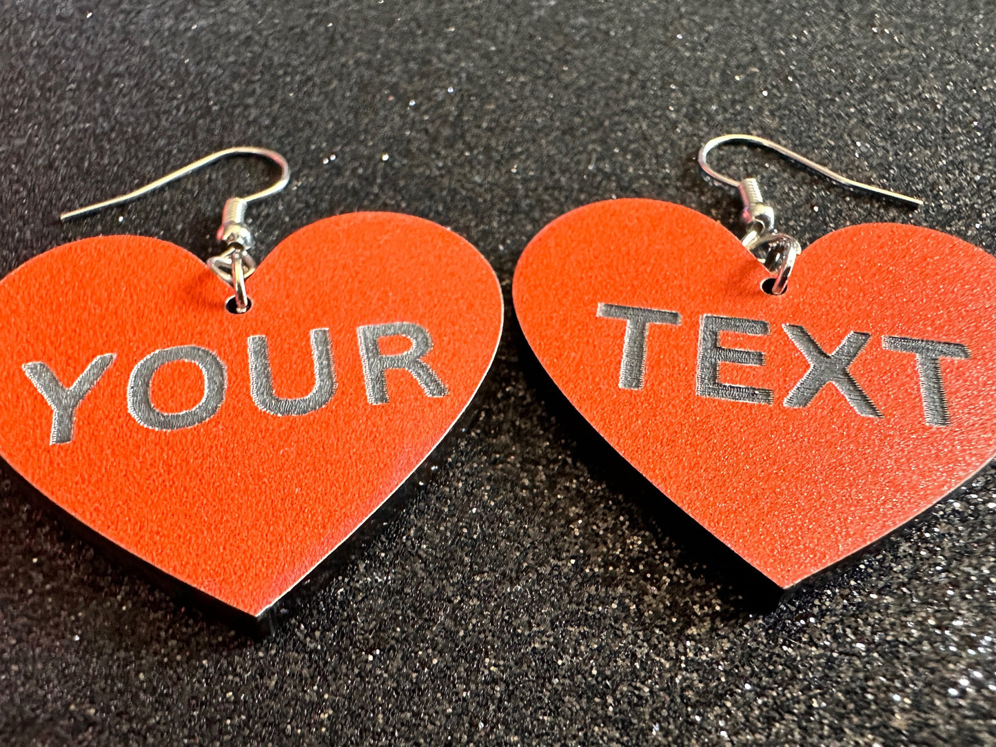 Custom Text Earrings: Laser Engraved Words, Orange with Black Text, Letters, Names, Teacher Gift, Anniversary, Best Gifts for Her/Him/Them