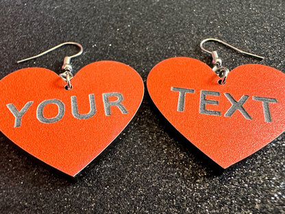 Custom Text Earrings: Laser Engraved Words, Orange with Black Text, Letters, Names, Teacher Gift, Anniversary, Best Gifts for Her/Him/Them