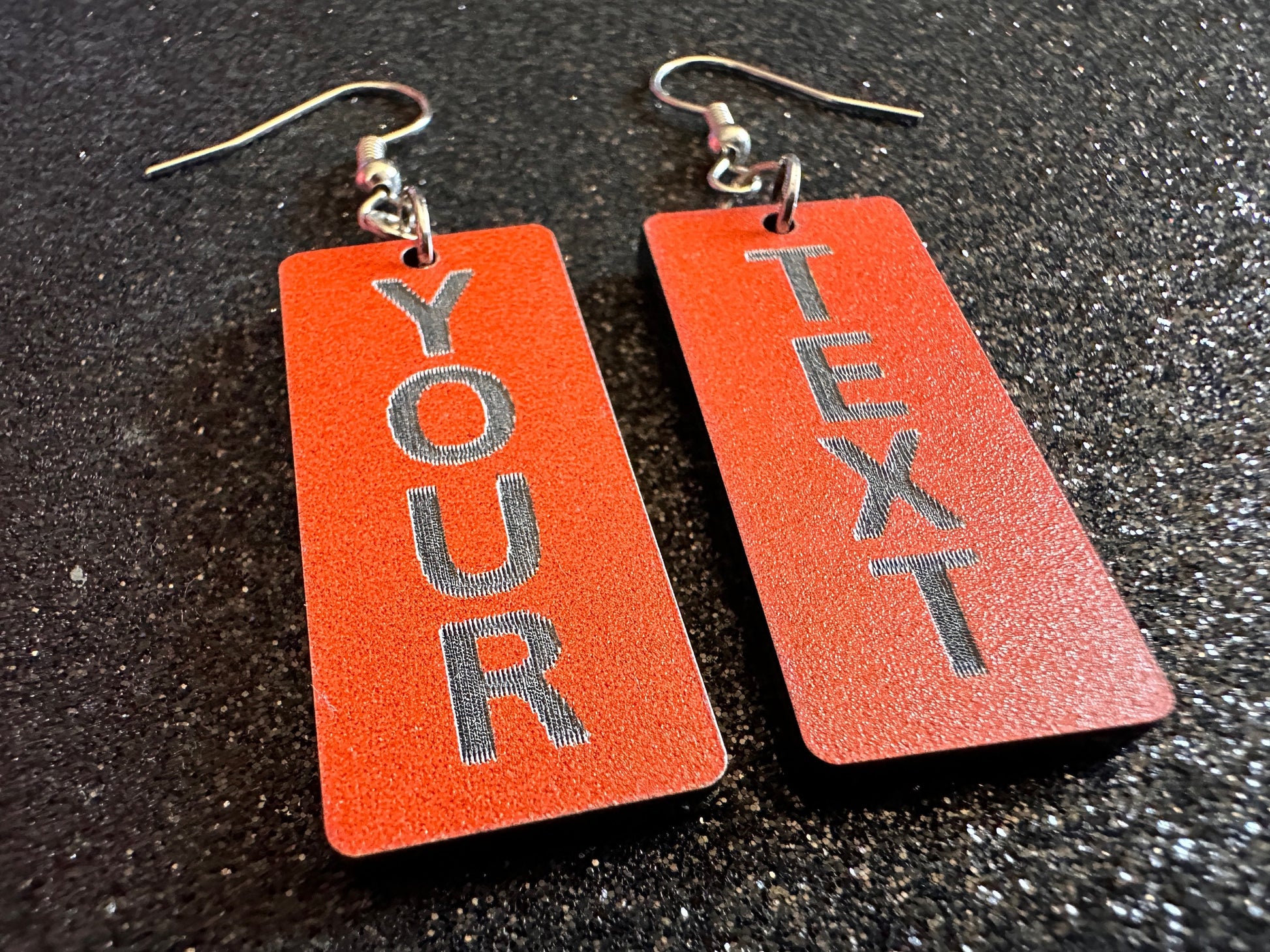 Custom Text Earrings: Laser Engraved Words, Orange with Black Text, Letters, Names, Teacher Gift, Anniversary, Best Gifts for Her/Him/Them
