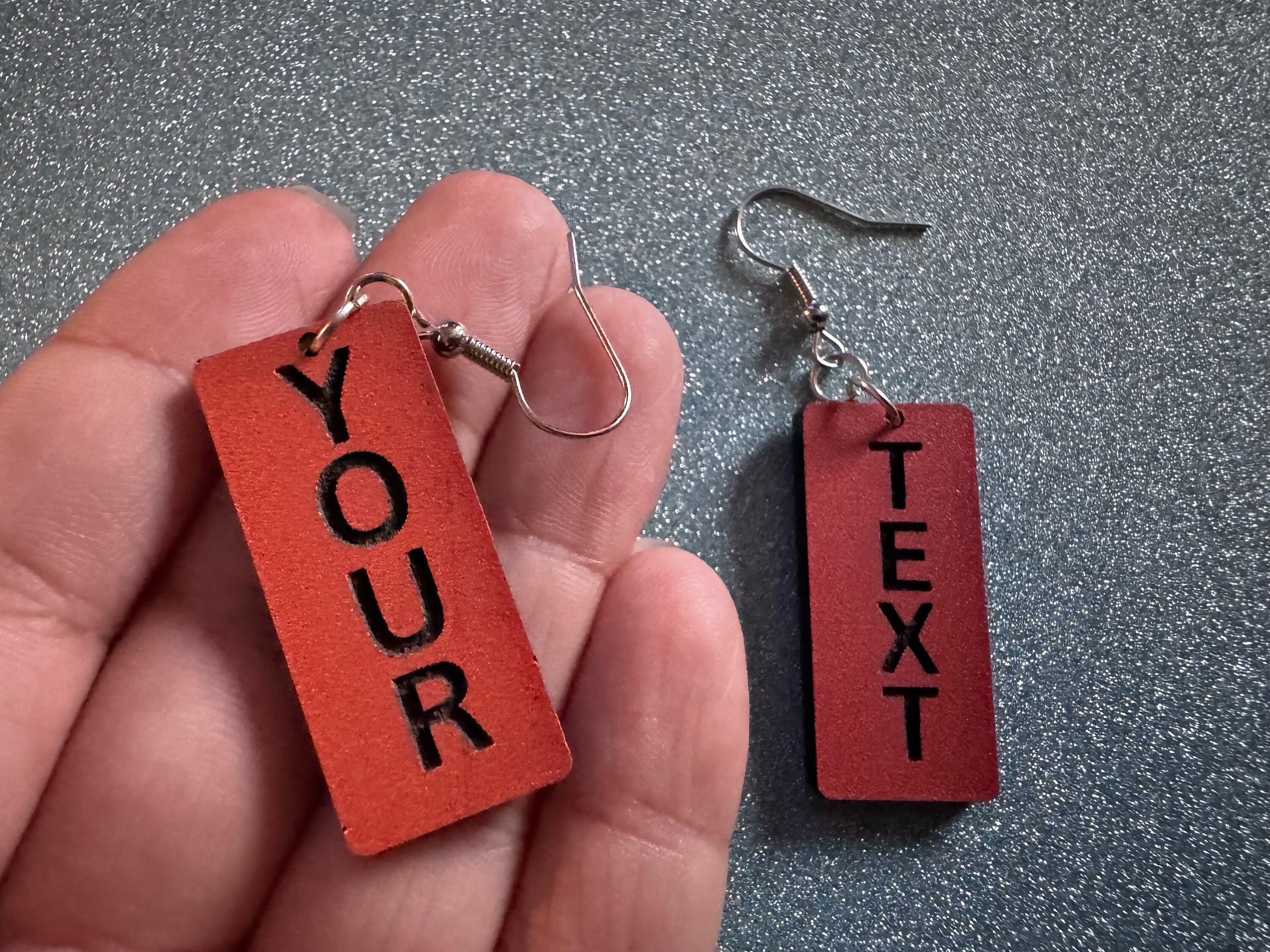 Custom Text Earrings: Laser Engraved Words, Orange with Black Text, Letters, Names, Teacher Gift, Anniversary, Best Gifts for Her/Him/Them