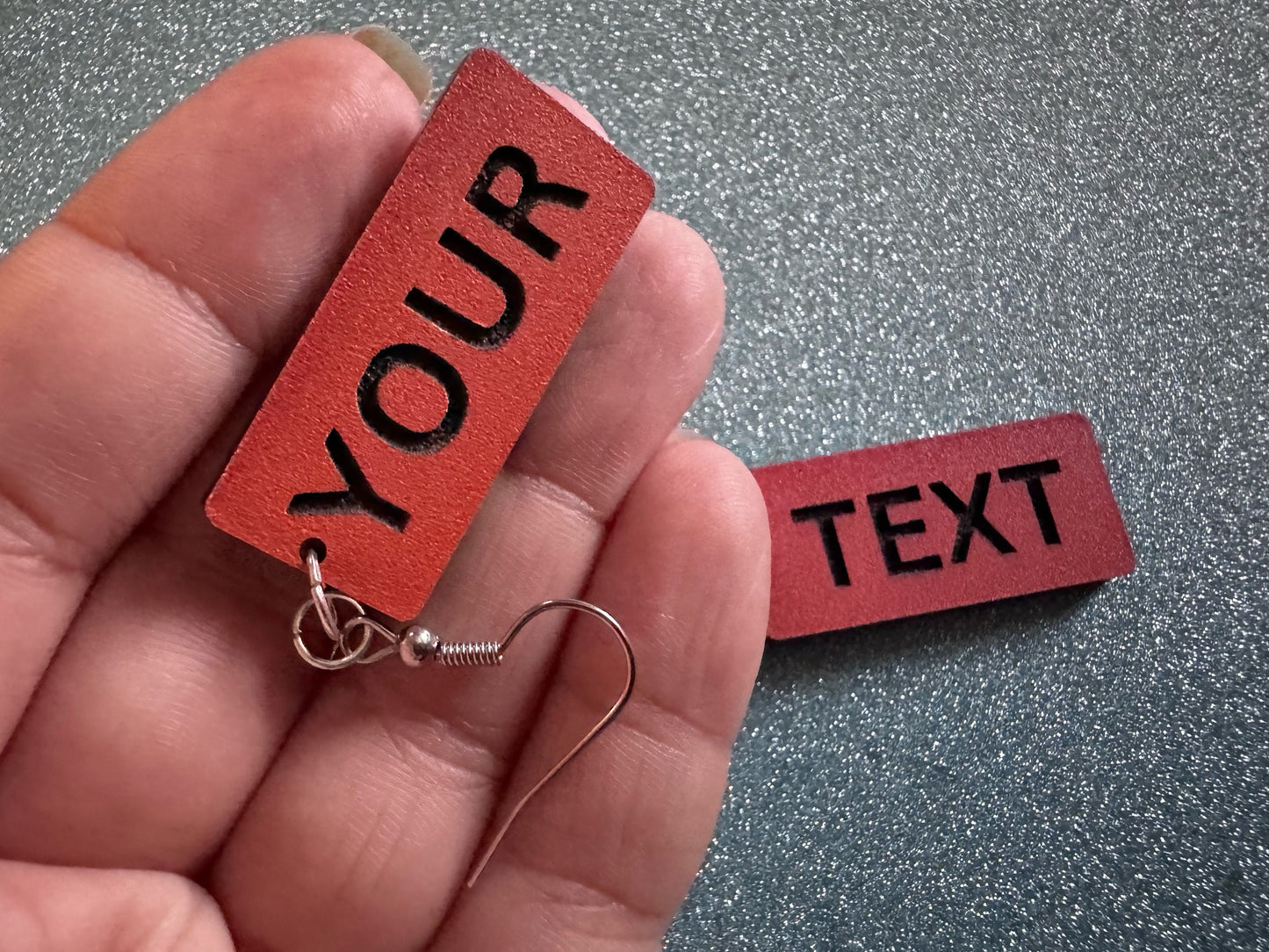 Custom Text Earrings: Laser Engraved Words, Orange with Black Text, Letters, Names, Teacher Gift, Anniversary, Best Gifts for Her/Him/Them