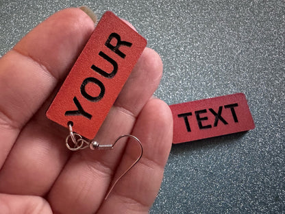 Custom Text Earrings: Laser Engraved Words, Orange with Black Text, Letters, Names, Teacher Gift, Anniversary, Best Gifts for Her/Him/Them
