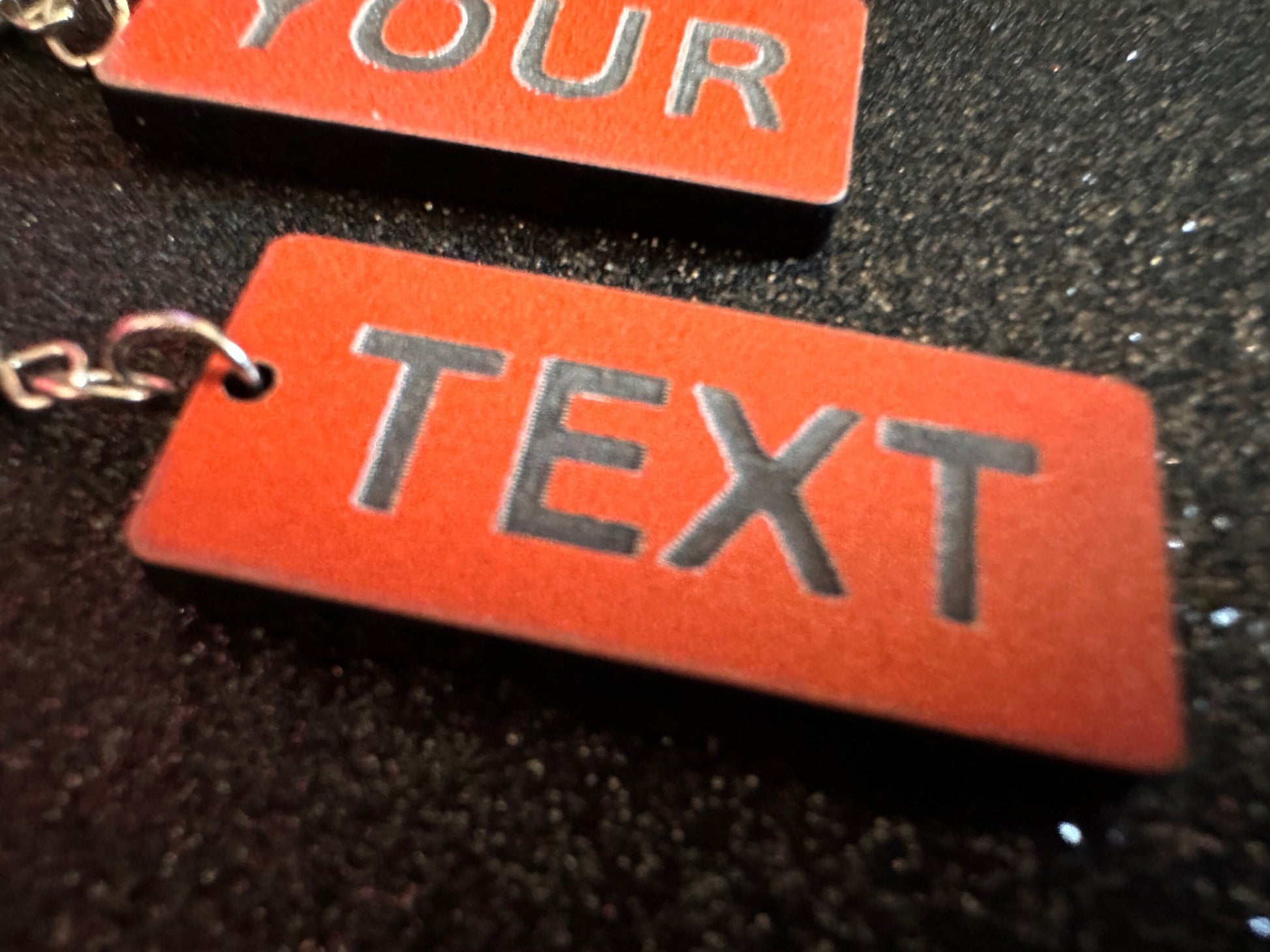 Custom Text Earrings: Laser Engraved Words, Orange with Black Text, Letters, Names, Teacher Gift, Anniversary, Best Gifts for Her/Him/Them