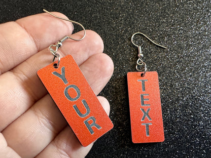 Custom Text Earrings: Laser Engraved Words, Orange with Black Text, Letters, Names, Teacher Gift, Anniversary, Best Gifts for Her/Him/Them