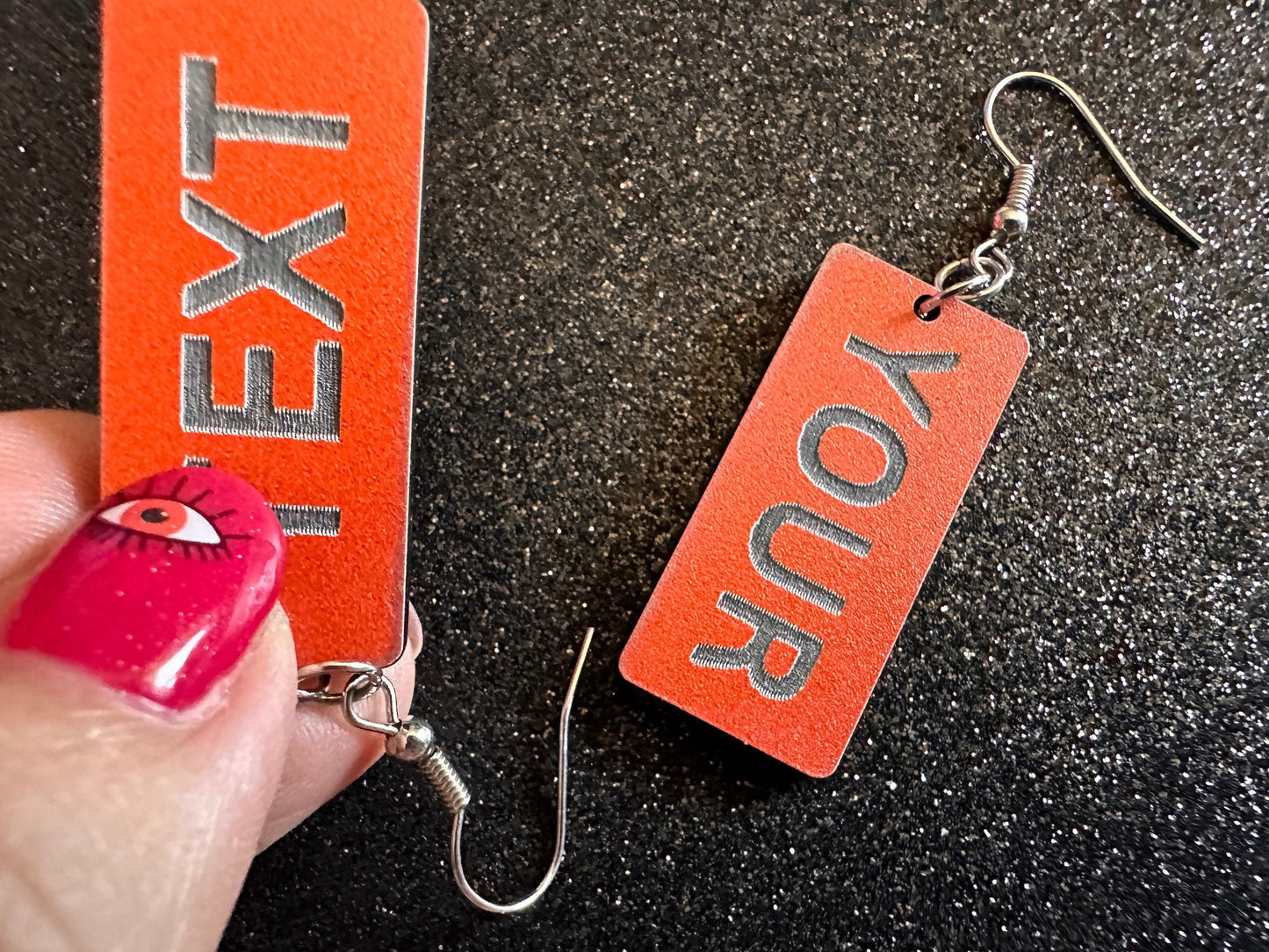 Custom Text Earrings: Laser Engraved Words, Orange with Black Text, Letters, Names, Teacher Gift, Anniversary, Best Gifts for Her/Him/Them